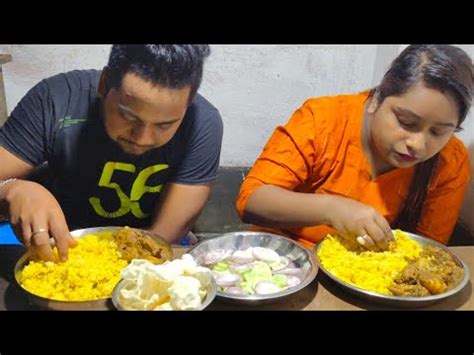 Eating Basanti Pulao And Spicy Chicken Kosha With Papad Salad Bengali