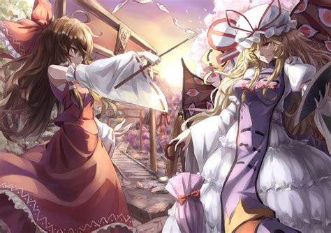 2girls Blonde Hair Bow Brown Hair Cherry Blossoms Dress Fan Flowers Hakurei Reimu Hat Japanese