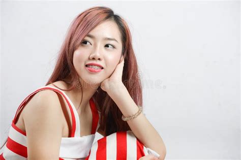 Asia Pretty Girl In Red White Dress Sit On Floor Stock Image Image