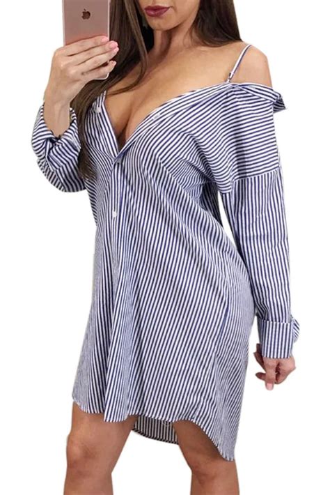 Sexy Blue White Stripe Dresses For Women Autumn Spring Pinstripe Sexy Off Shoulder Long Sleeve