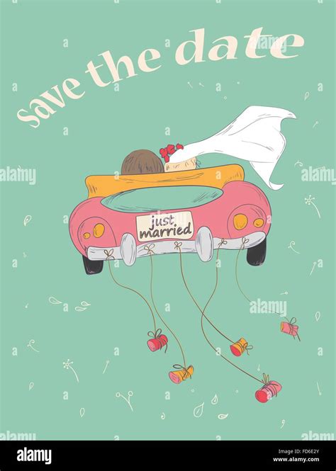 Just Married Couple In Retro Car Dragging Cans Wedding Card Design
