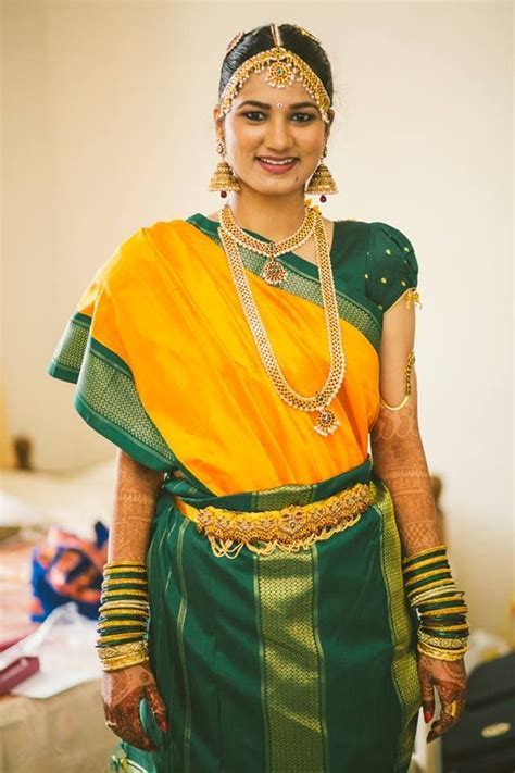 Tamil Iyer Bride In Yellow And Green Silk With Madisar Draping Style