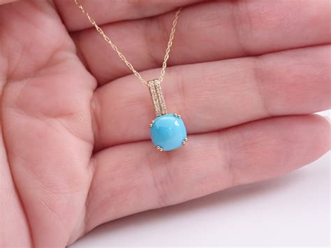 Turquoise And Diamond Pendant Yellow Gold Necklace 18 Chain Cushion Cut