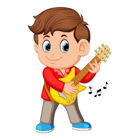 Un Niño Canta Y Toca La Guitarra Eléctrica Vector Premium