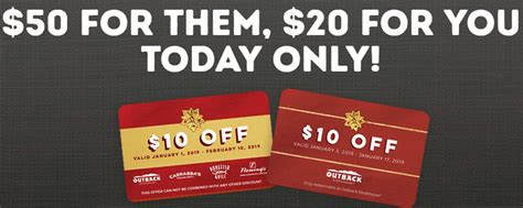 Our unbeatable steak cuts are complemented by delicious choices of chicken, ribs, seafood. Outback Steakhouse Gift Card Bonus Promotion: $20 Bonus Card $50 GC Purchase
