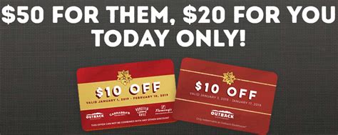Get free outback gift card, redeem code, discount code. Outback Steakhouse Gift Card Bonus Promotion: $20 Bonus Card $50 GC Purchase