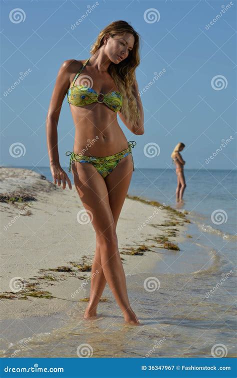 Two Bikini Models Posing At Tropical Beach Stock Image Image Of