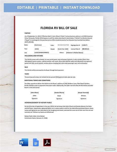Florida Bill Of Sale Template Free