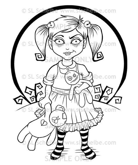 Digital Stamp Cute Goth Girl Girl With Teddy Instant Download