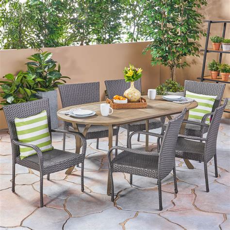 Coraline Outdoor 7 Piece Acacia Wood and Wicker Dining Set, Gray, Gray ...