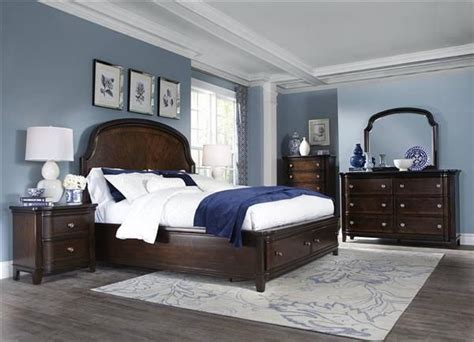 The perfect bedroom color scheme combines the right paint colors, bedding, pillows, accessories, and furniture for a cohesive look. Langham Place Traditional Warm Chestnut Walnut Wood Master Bedroom Set | Blue master bedroom ...