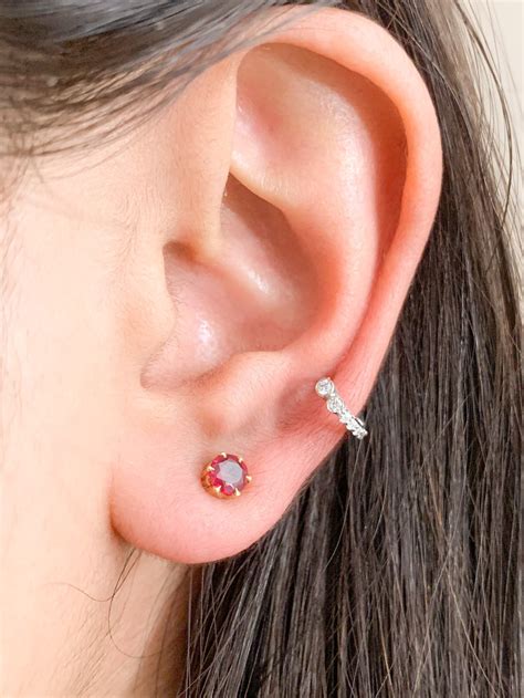 Mm K Solid Gold Diamond Huggie Cartilage Earrings Dainty Hoops