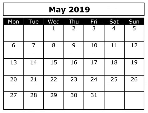 Blank May 2019 Calendar Pdf Excel Word