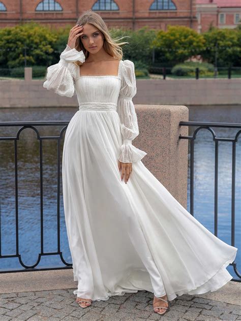 Square Neck Wedding Dress With Long Sleeves