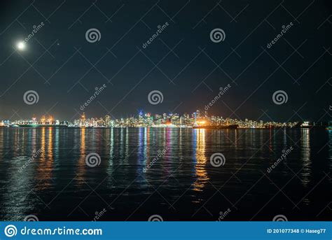 Vancouver Cityscape At Night With Full Moon Vancouver Bc Canada Stock