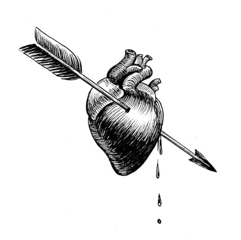 Premium Photo Heart Pierced With Arrow Ink Black And White Drawing