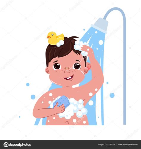 Little Child Boy Character Take A Shower Daily Routine Bathroom
