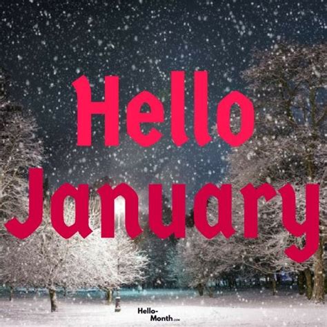 The Words Hello January Written In Red On A Snowy Night With Trees And
