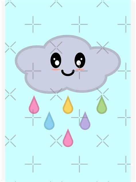 Kawaii Cute Rainbow Raindrop Rain Cloud In Blue Poster By