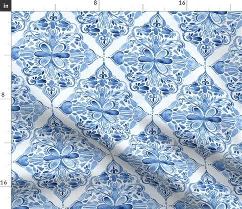 Vintage Fabric Vintage Blue And White Textured Watercolor Etsy