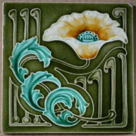 Antique England Poppy Art Nouveau Majolica Tile C1900 Art Nouveau
