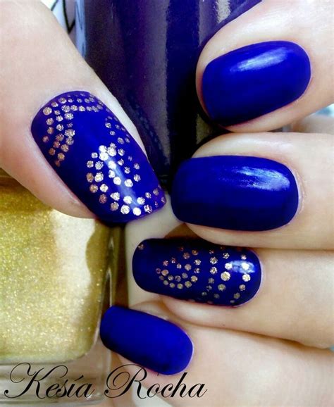 Electric Blue Nails With Golden Dots Nailpolish Nails Naildesigns