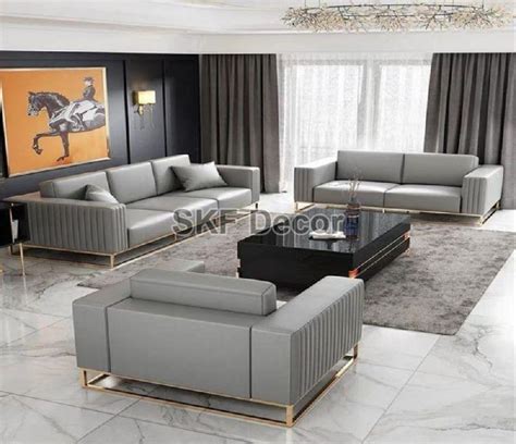 Skf Decor Leather Grey Sofa Set For Living Room Feature Stylish