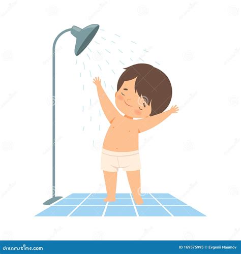 Little Boy Having Shower In Bathroom On His Own Vector Illustration
