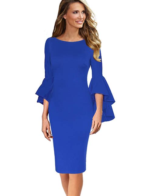 Vfshow Womens Ruffle Bell Sleeves Business Cocktail Party Sheath Dress 1236 Blu L