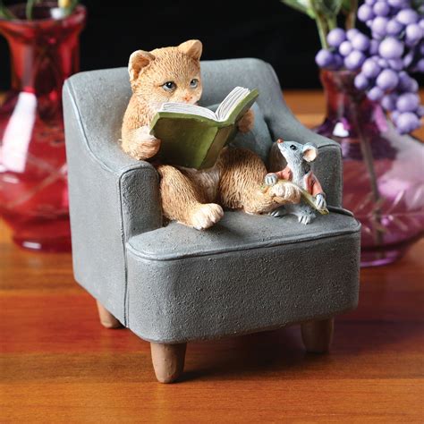 Cat Reading Book To Mouse Sculpture Home Decor Figurine 3 12 Hand