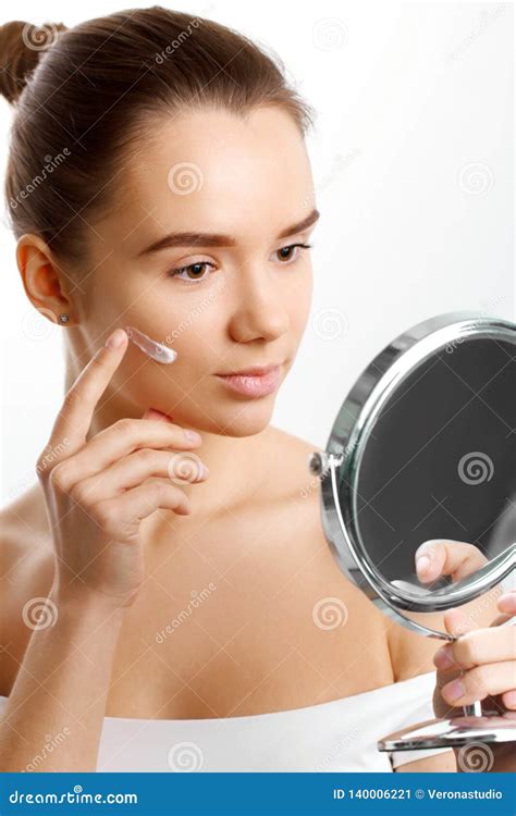 Skin Care Beautiful Woman Putting Face Cream She Is Applying