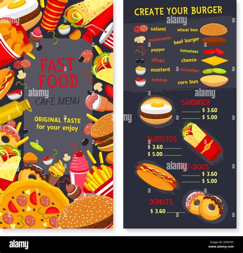 Fast Food Menu For Restaurant Vector Price For Combo Meals Snacks And