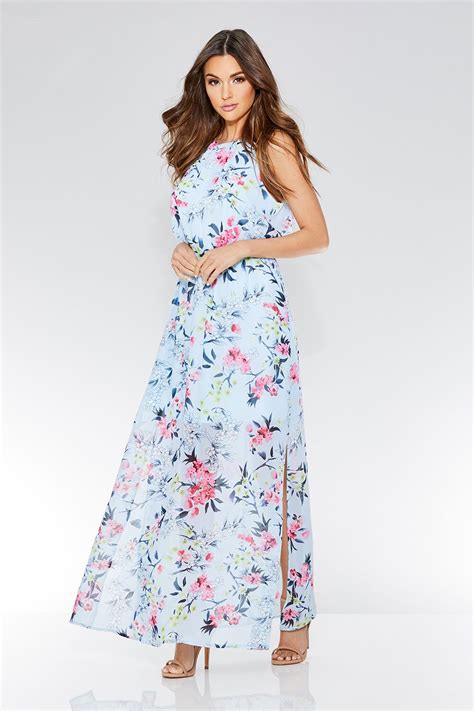 Blue Floral Print Chiffon High Neck Sleeveless Maxi Dress