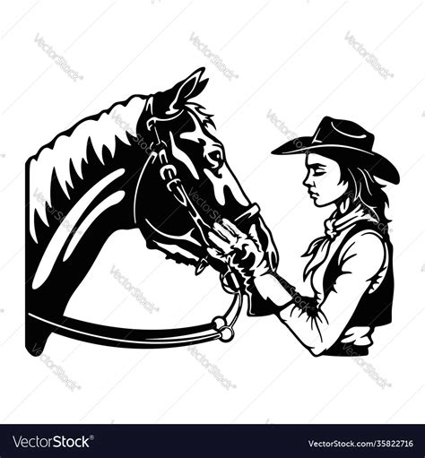 Cowgirl And Horse Retro Black And White Style Vector Image