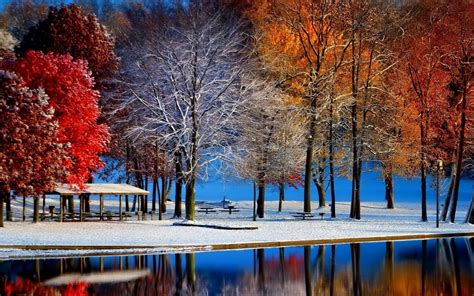 Nature Landscape Fall Snow Trees Colorful Water