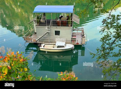 Houseboat With Small Cabin Boat On Perucac Lake Drina River Bajina
