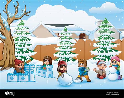 Vector Illustration Of Cartoon Kids Playing In The Snow Stock Vector