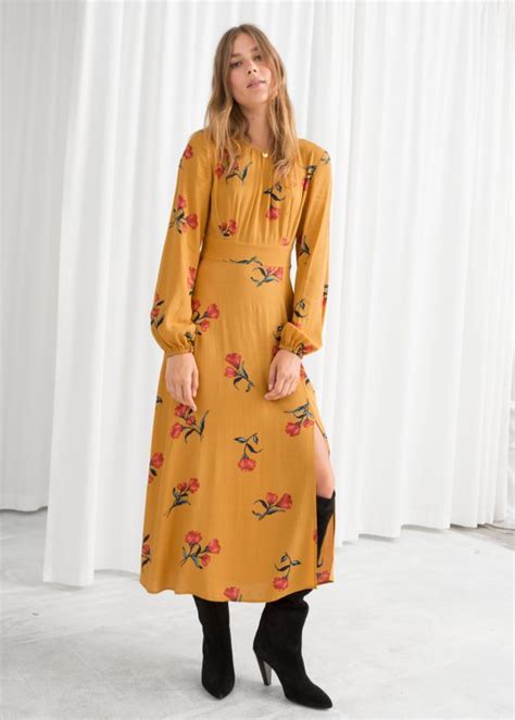 and other stories printed long sleeve midi dress yellow never knowingly concise