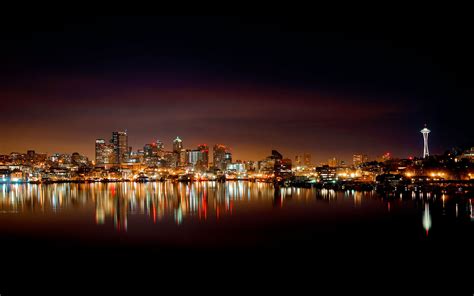 Usa Washington Seattle Cities Night Lights Reflection