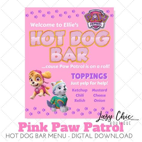 Pink Paw Patrol Hot Dog Bar Menu Pink Paw Patrol Food Labels Etsy