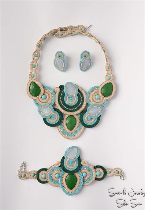 Soutache Necklace Bracelet And Earrings With Green Jade Turquoise And