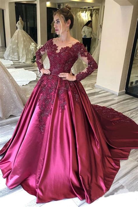 Ball Gown Long Sleeves Burgundy Beads Satin Prom Dress With Appliques