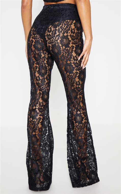 Black Lace Sheer Flare Leg Trousers Prettylittlething Usa