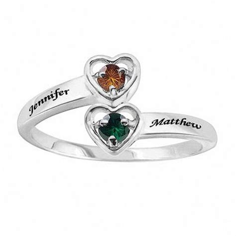 Couples Double Heart Simulated Birthstone Bypass Ring In Sterling