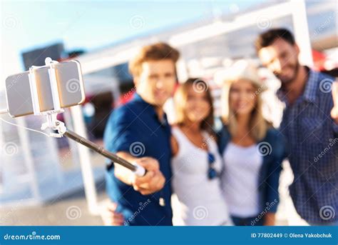 Crowd Taking A Photo Outdoors Stock Image Image Of Friends
