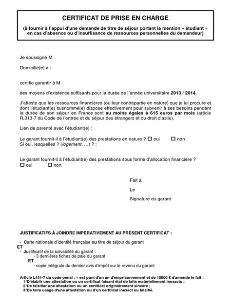 Certificat De Prise En Charge Etudiant Pdf