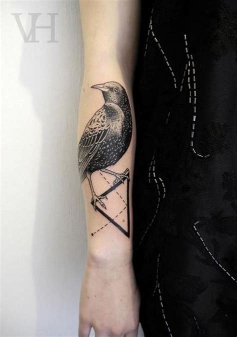 Stunning Realistic Looking Bird With Triangle Tattoo On Arm