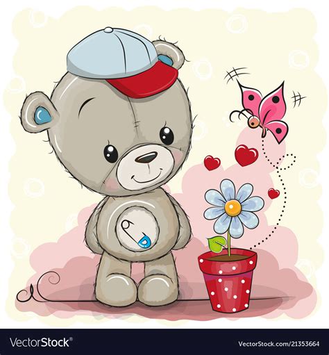 Cute Cartoon Teddy Bear With Flower Royalty Free Vector