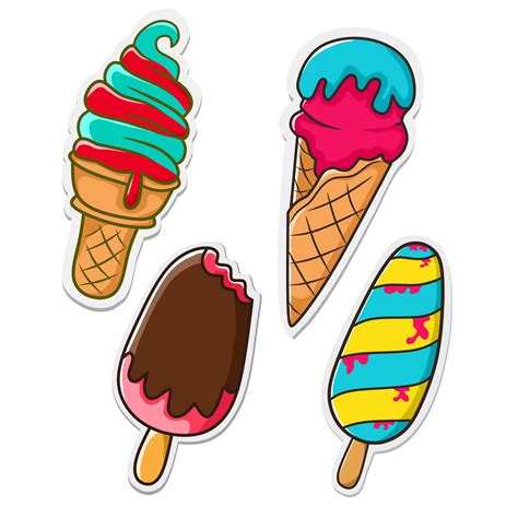 Vector Ice Cream Sticker Set With Paper Cutout And Outline Style
