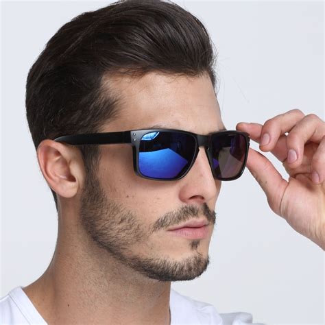 Dokly Blue Lens Sunglasses Men Reflective Coating Square Sun Glasses